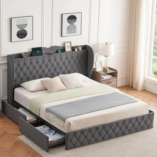 Velvet Upholstered Bed Frame with 4 Storage Drawers Charging Station Tall Headboard and Storage Shelf for Bedroom Furniture