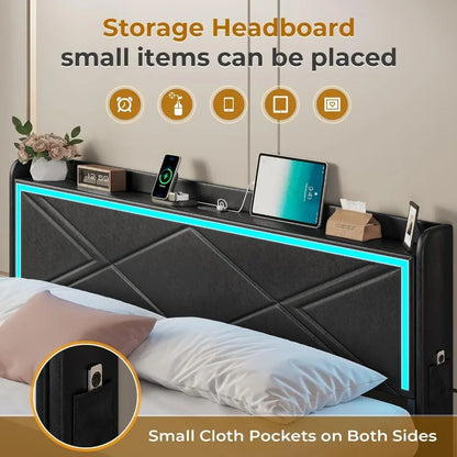 King Bed Frame with Storage Drawers & LED Lights, PU Leather Platform Bed with Headboard, USB & Type-C Charging Ports - King Size