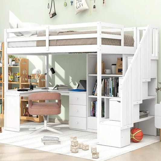 Twin Size Loft Bed with Stairs & L-Shaped Desk – Wood Loft Bed with Storage Drawers & Shelves, Stairway Frame