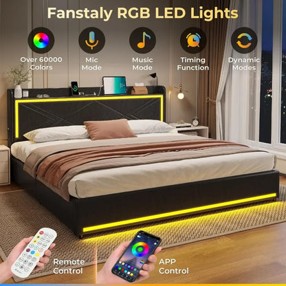 King Bed Frame with Storage Drawers & LED Lights, PU Leather Platform Bed with Headboard, USB & Type-C Charging Ports - King Size