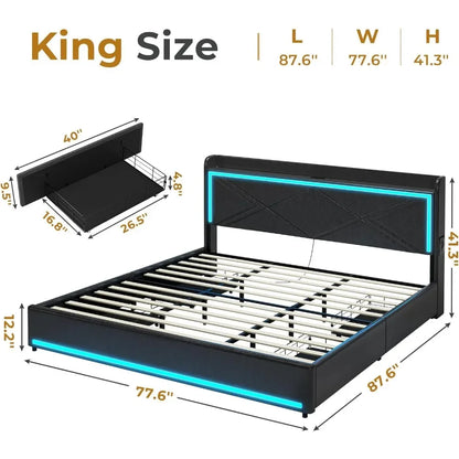 King Bed Frame with Storage Drawers & LED Lights, PU Leather Platform Bed with Headboard, USB & Type-C Charging Ports - King Size