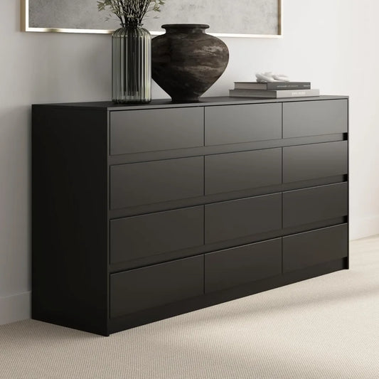 63" Dresser with 12 Handleless Drawers Large Chest of Drawers with Slide Rails Modern Wooden Double Dresser for Living Room