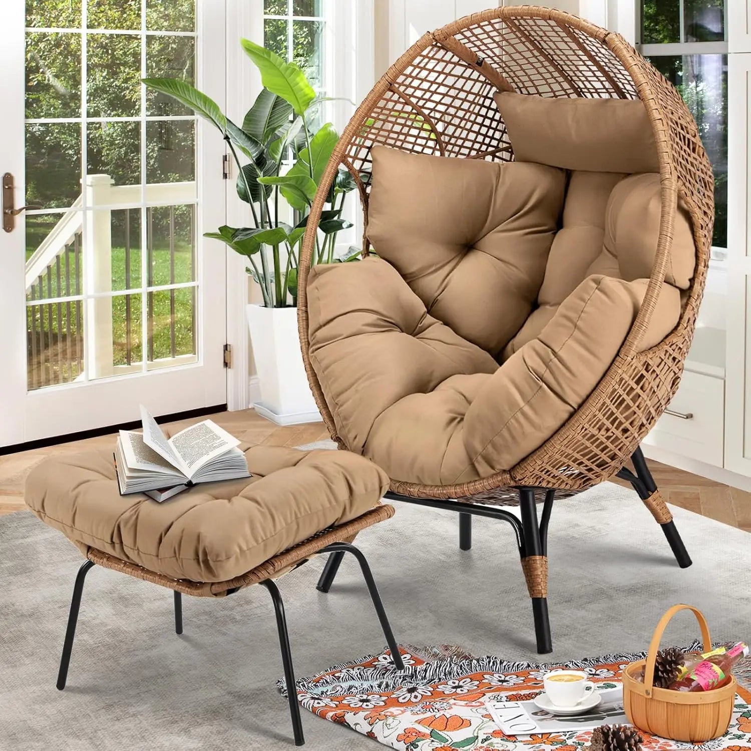 Egg Chair with Footrest Outdoor Wicker Patio Egg Chair with Ottoman for Indoor Bedroom Porch Deck Backyard Garden