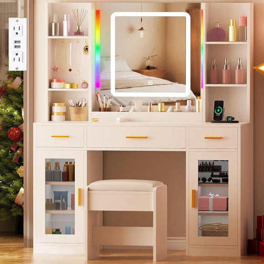 43.3" Vanity Desk with Mirror and RGB Lights 3 Colors Makeup Vanity Set with Power Strip Large Dressing Table