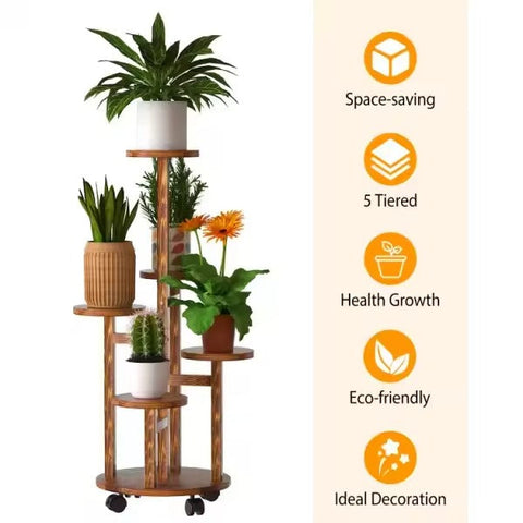 Wooden Plant Stand with Wheels 5-Tier Display Rack