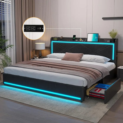 King Bed Frame with Storage Drawers & LED Lights, PU Leather Platform Bed with Headboard, USB & Type-C Charging Ports - King Size