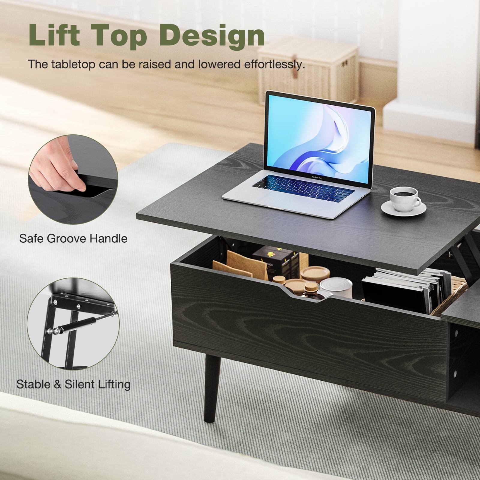 Lift-Top Coffee Table Rising Desk with Storage for Living Room