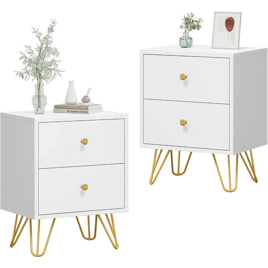 Set of 2 White Nightstands with 2 Drawers End Side Tables Dual Night Stands with Metal Legs for Bedroom Living Room