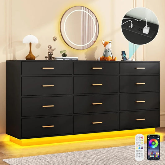 12-Drawer Dresser with Power Outlet and 60000-Color Lights 63-Inch Long Wooden Tall Storage Cabinet for Bedroom