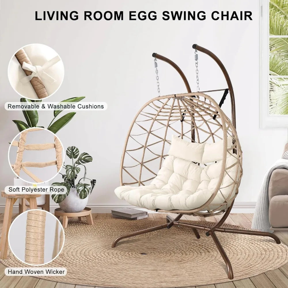 Outdoor Egg Swing Chair with Stand, 2 Person Patio Swing Chairs with Thick Cushions and Pillows, Wicker Double Egg Chair Swing