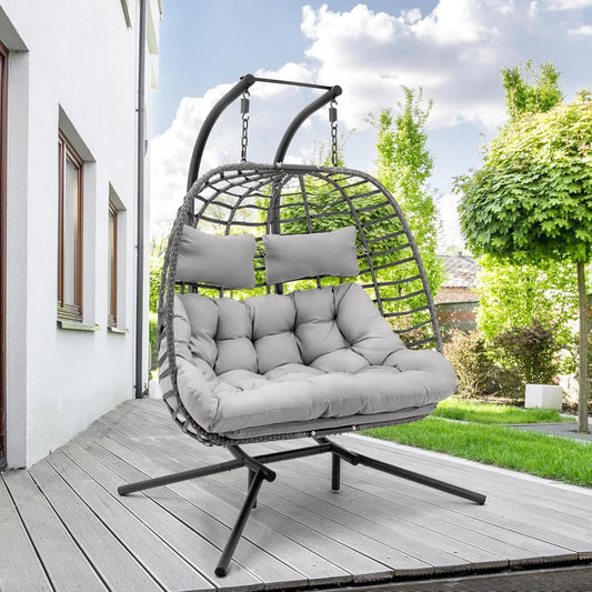 Double Swing Egg Chair with Stand – Large Hand-Woven Wicker Rattan Hanging Chair for 2 People, Porch Hammock Loveseat