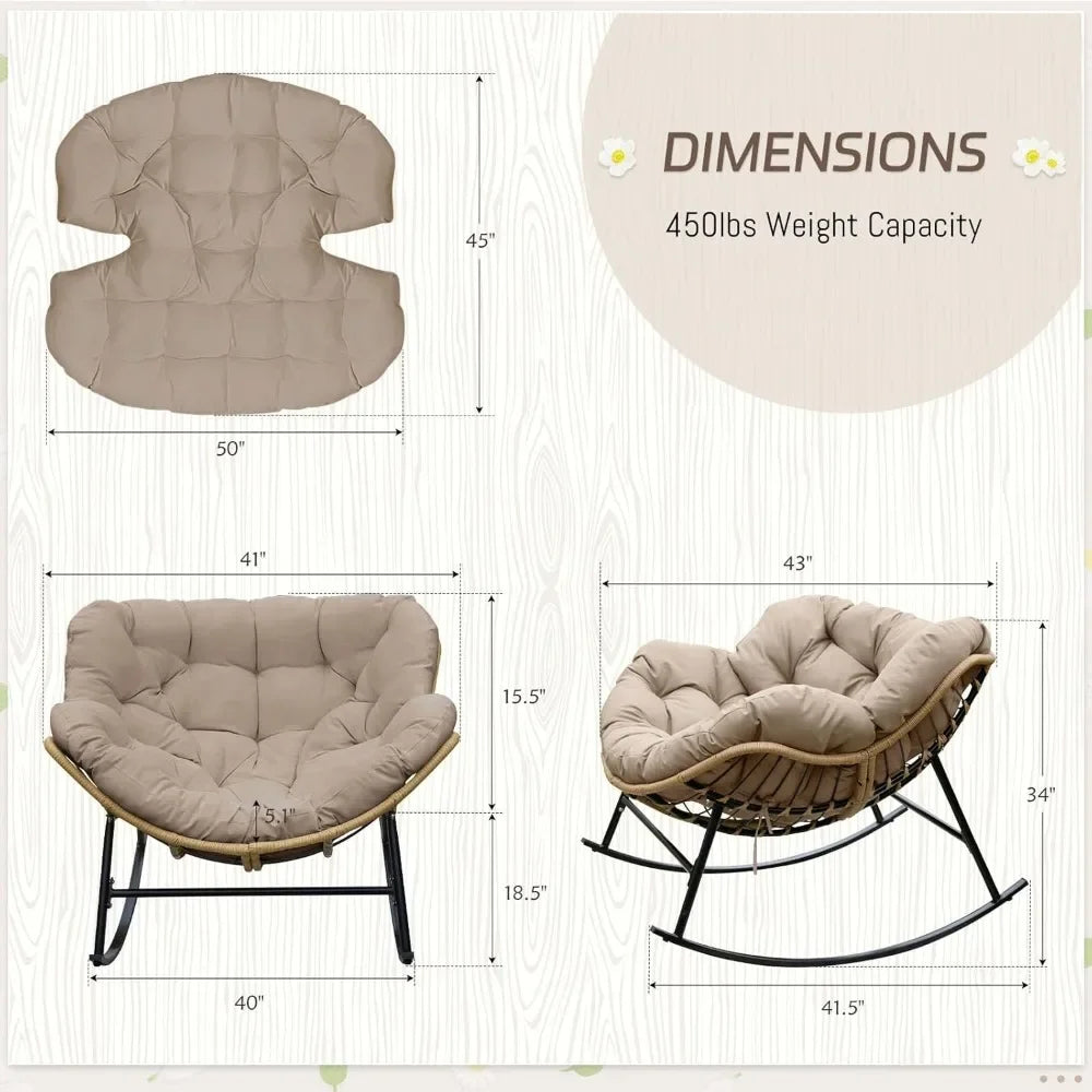 Outdoor Rocking Chair with Padded Cushion Oversized PE Rattan Royal Rocking Lounge Chair Modern Comfy Patio Egg Chair