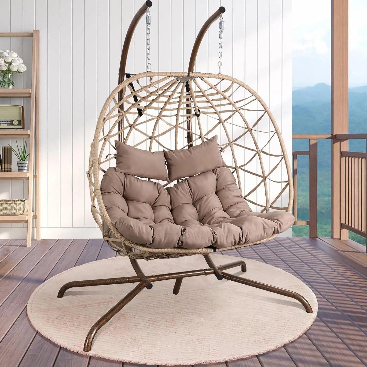 Outdoor Egg Swing Chair with Stand, 2 Person Patio Swing Chairs with Thick Cushions and Pillows, Wicker Double Egg Chair Swing