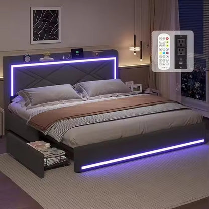 King Bed Frame with Storage Drawers & LED Lights, PU Leather Platform Bed with Headboard, USB & Type-C Charging Ports - King Size