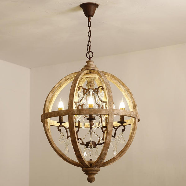 Rustic Caged Wooden Sphere Crystal Chandelier - Vintiige