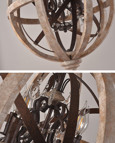 Rustic Caged Wooden Sphere Crystal Chandelier - Vintiige